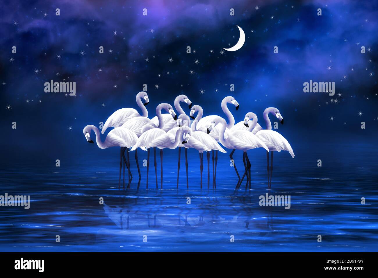 Un groupe de flamingos se trouve dans un lac dans la lune. Illustration de l'art numérique. Banque D'Images