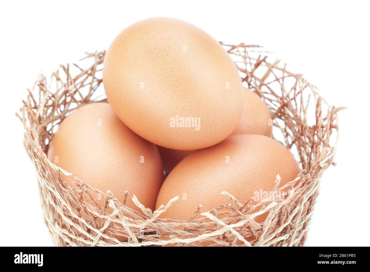 Nid de poulet et un groupe d'œufs de Pâques. Sur fond blanc. Banque D'Images