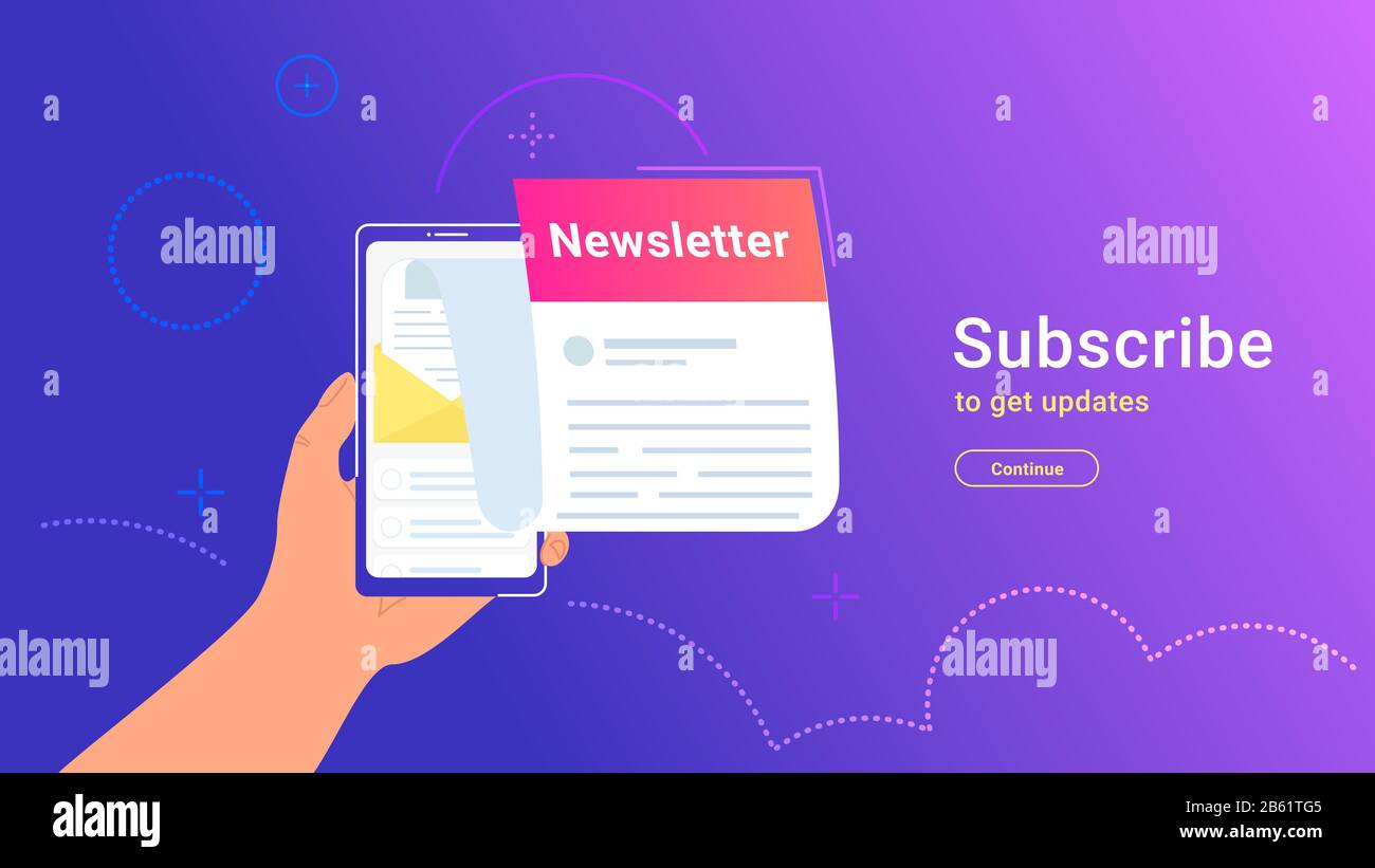 Inscription Newsletter en ligne de mobile app. Gradient Vector illustration of human hand holding smartphone avec nouvelle lettre mensuelle d'éboulis de l'avion Illustration de Vecteur
