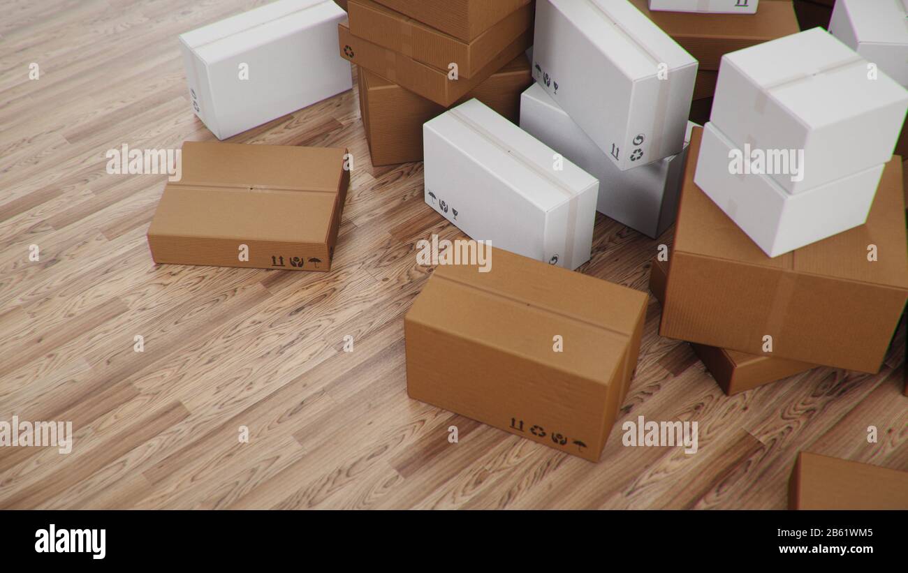 Tas d'illustrations tridimensionnelles de boîtes en carton pour la livraison de marchandises, colis. Boîtes en carton à la maison dans une chambre sur un parquet. Livraison des colis Banque D'Images