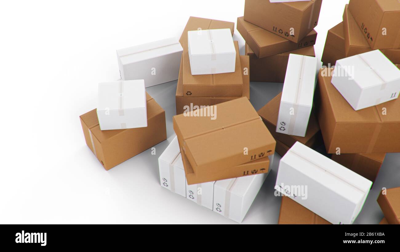 Pile, tas de boîtes en carton isolées sur un fond blanc. Boîtes en carton pour la livraison de produits. Livraison de colis, transport de colis Banque D'Images