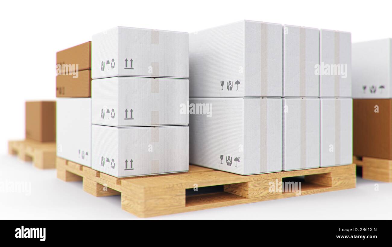 Boîtes en carton sur palettes en bois isolées sur fond blanc. Boîtes en carton pour la livraison de produits. Livraison de colis, transport de colis Banque D'Images