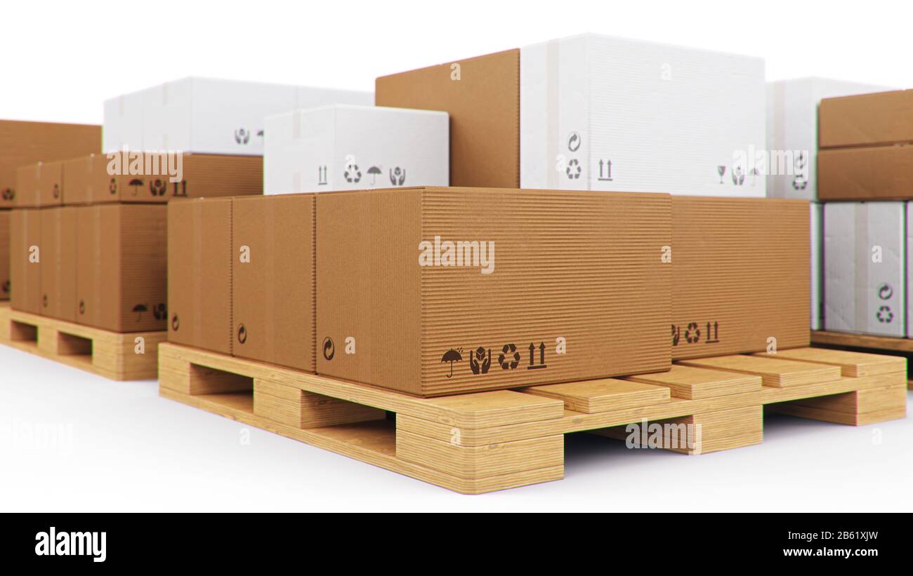 Boîtes en carton sur palettes en bois isolées sur fond blanc. Boîtes en carton pour la livraison de produits. Livraison de colis, transport de colis Banque D'Images