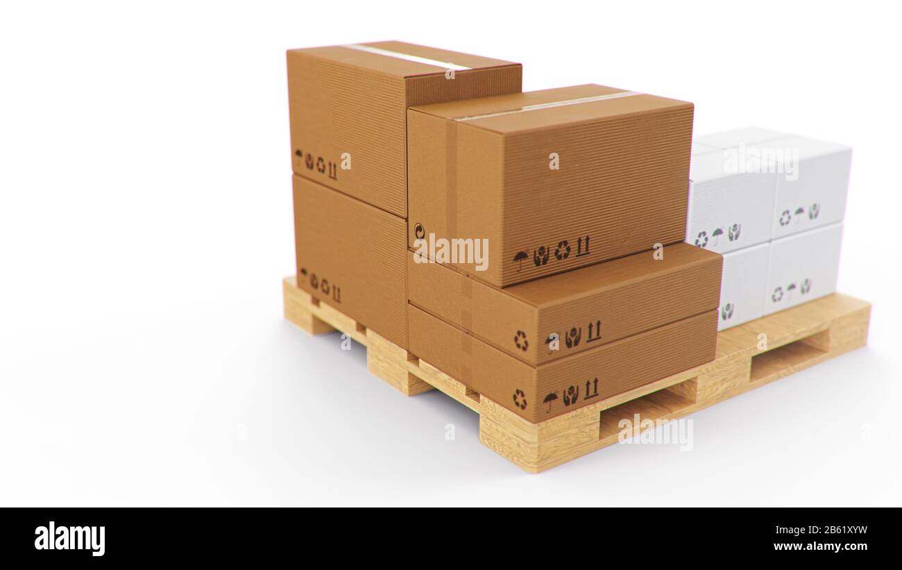 Illustration tridimensionnelle boîtes en carton sur palettes en bois isolées sur fond blanc. Boîtes en carton pour la livraison de produits. Livraison des colis Banque D'Images