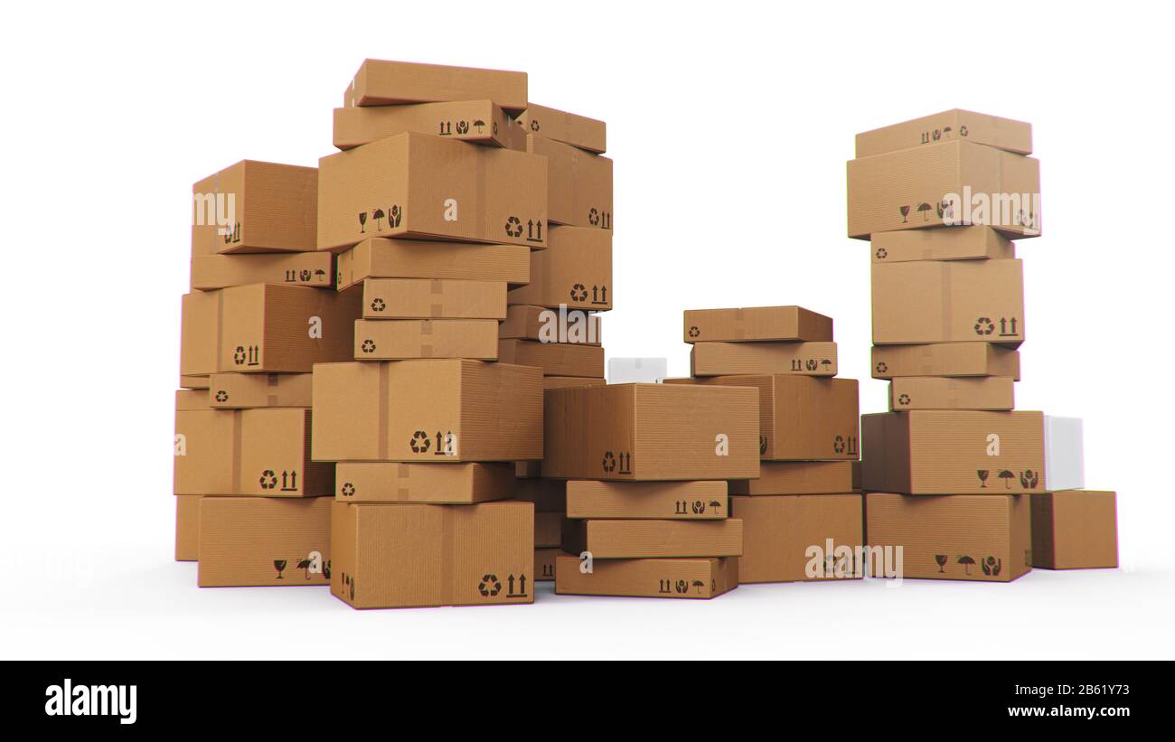 Pile, tas de boîtes en carton isolées sur un fond blanc. Boîtes en carton pour la livraison de produits. Livraison de colis, transport de colis Banque D'Images