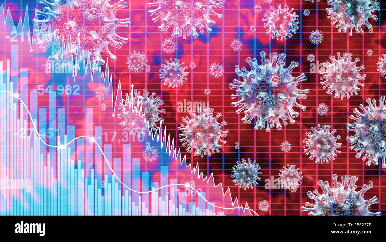 L'économie et les soins de santé comme une pandémie économique peur et des peurs de coronavirus ou Une Épidémie de virus et la Bourse se vendent comme une récession financière de stock. Banque D'Images