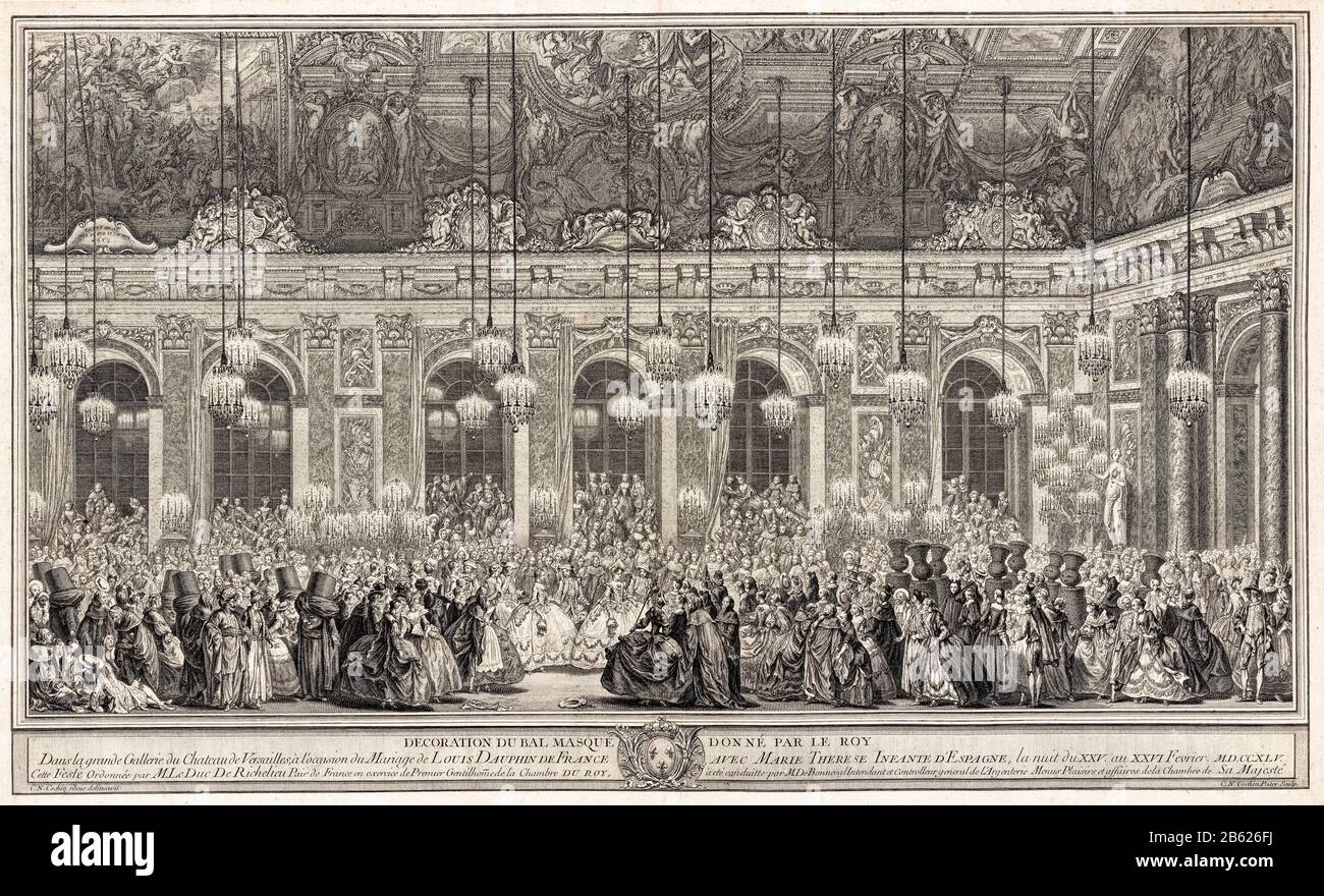 Boule masquée dans la salle des miroirs, Palais de Versailles, pour le mariage de Louis Dauphin de France à Marie Thérèse d'Espagne, 25-26 février 1745, gravure de Michel de Bonneval, Charles-Nicolas Cochin (ancien et plus jeune), 1756 Banque D'Images Boule masquée dans la salle des miroirs, Palais de Versailles, pour le mariage de Louis Dauphin de France à Marie Thérèse d'Espagne, 25-26 février 1745, gravure de Michel de Bonneval, Charles-Nicolas Cochin (ancien et plus jeune), 1756 Banque D'Images