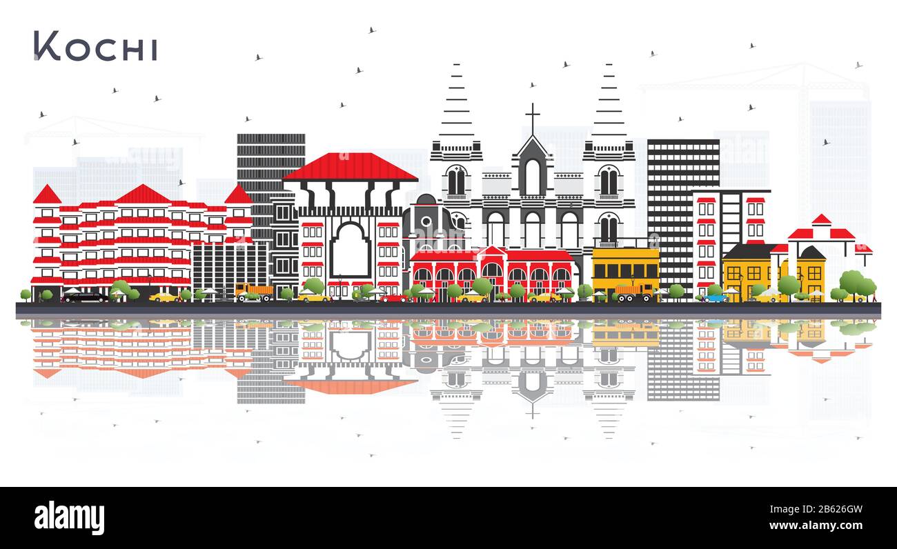Kochi India City Skyline Avec Bâtiments Couleur Et Réflexions Isolés Sur Blanc. Illustration Vectorielle. Illustration de Vecteur
