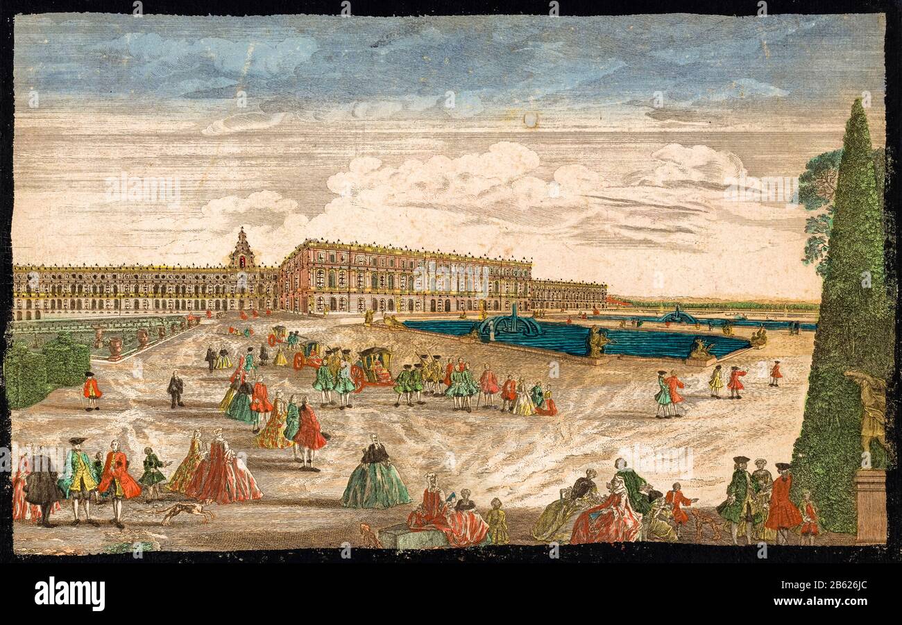 Vue sur les jardins de Versailles et le château de Versailles, imprimé, 1700-1799 Banque D'Images