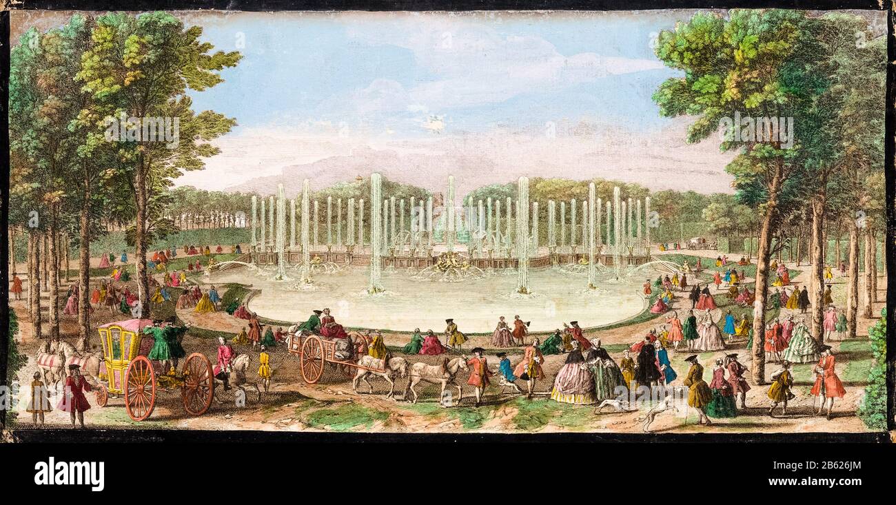 Vue sur le bassin de Neptune et les fontaines dans les jardins du château de Versailles, imprimé par Jacques Rigaud, vers 1691 à après 1753 Banque D'Images