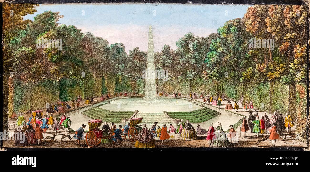 Vue sur la fontaine de l’obélisque (Fontaine de l’Obélisque), dans les jardins du château de Versailles, imprimée éventuellement par Jacques Rigaud, 1700-1799 Banque D'Images