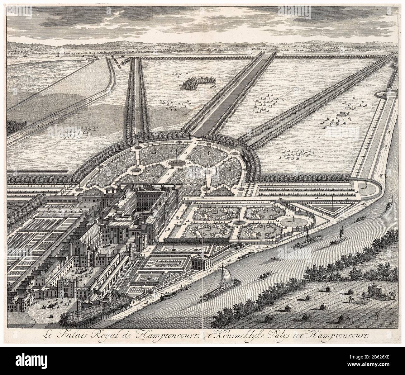 Vue imprenable sur le palais de Hampton court et les jardins officiels avec la Tamise, imprimé par J Rocque, 1736 Banque D'Images