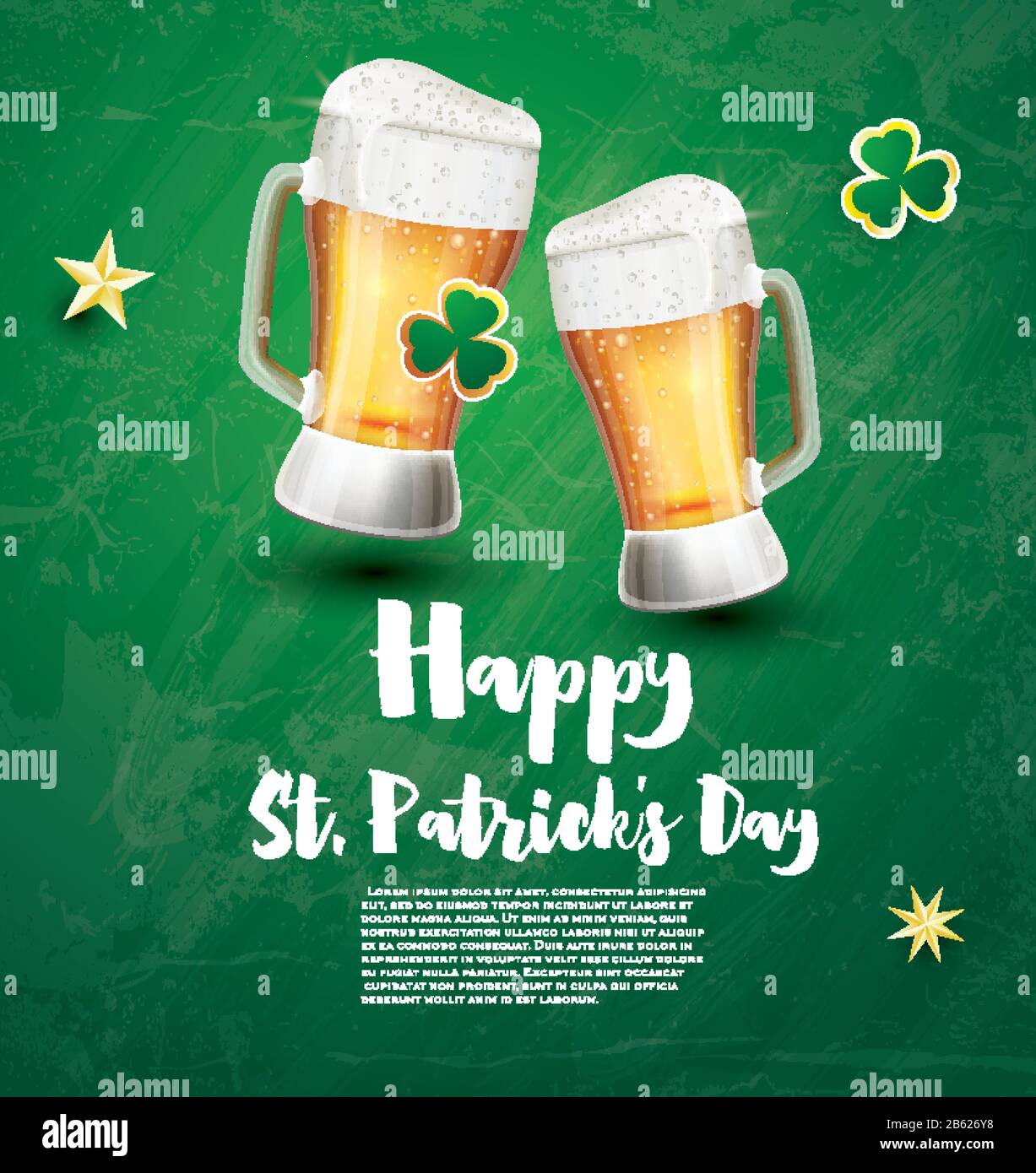 Saint Patricks Day – Bannière Festive Avec Deux Verres De Bière Et De Shamrock. Illustration Vectorielle. Illustration de Vecteur