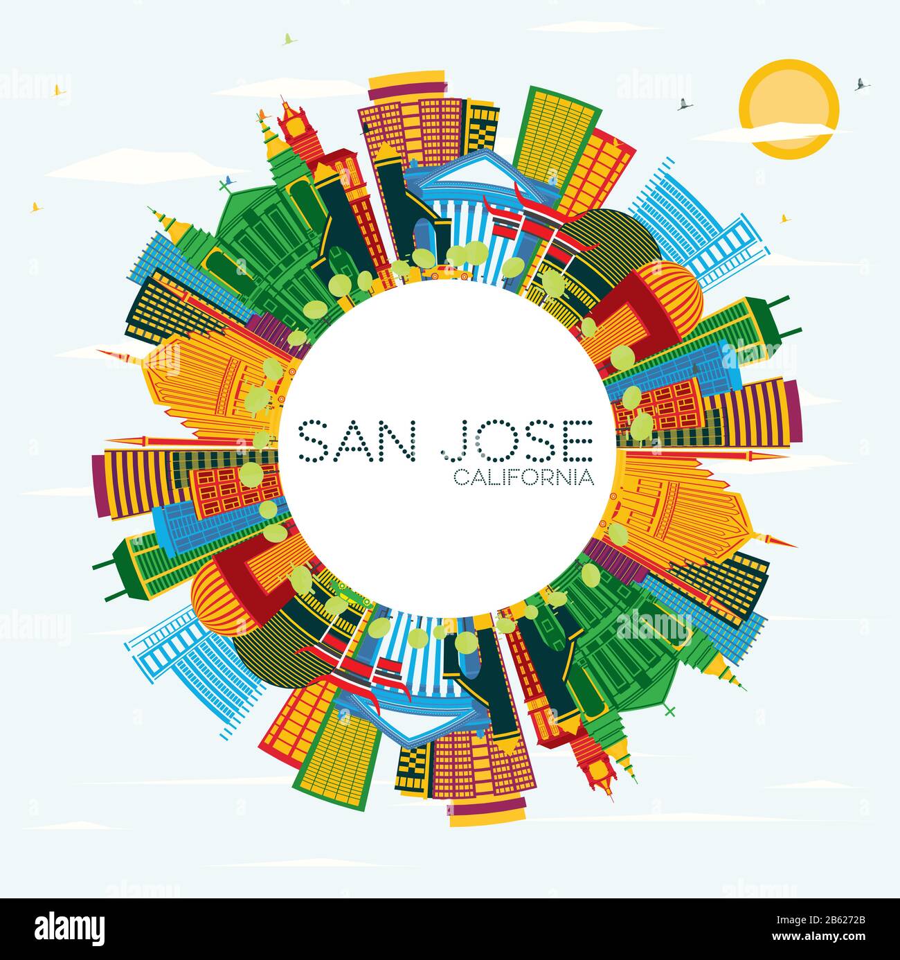 San Jose California Skyline Avec Bâtiments Couleur, Ciel Bleu Et Espace De Copie. Illustration Vectorielle. Illustration de Vecteur