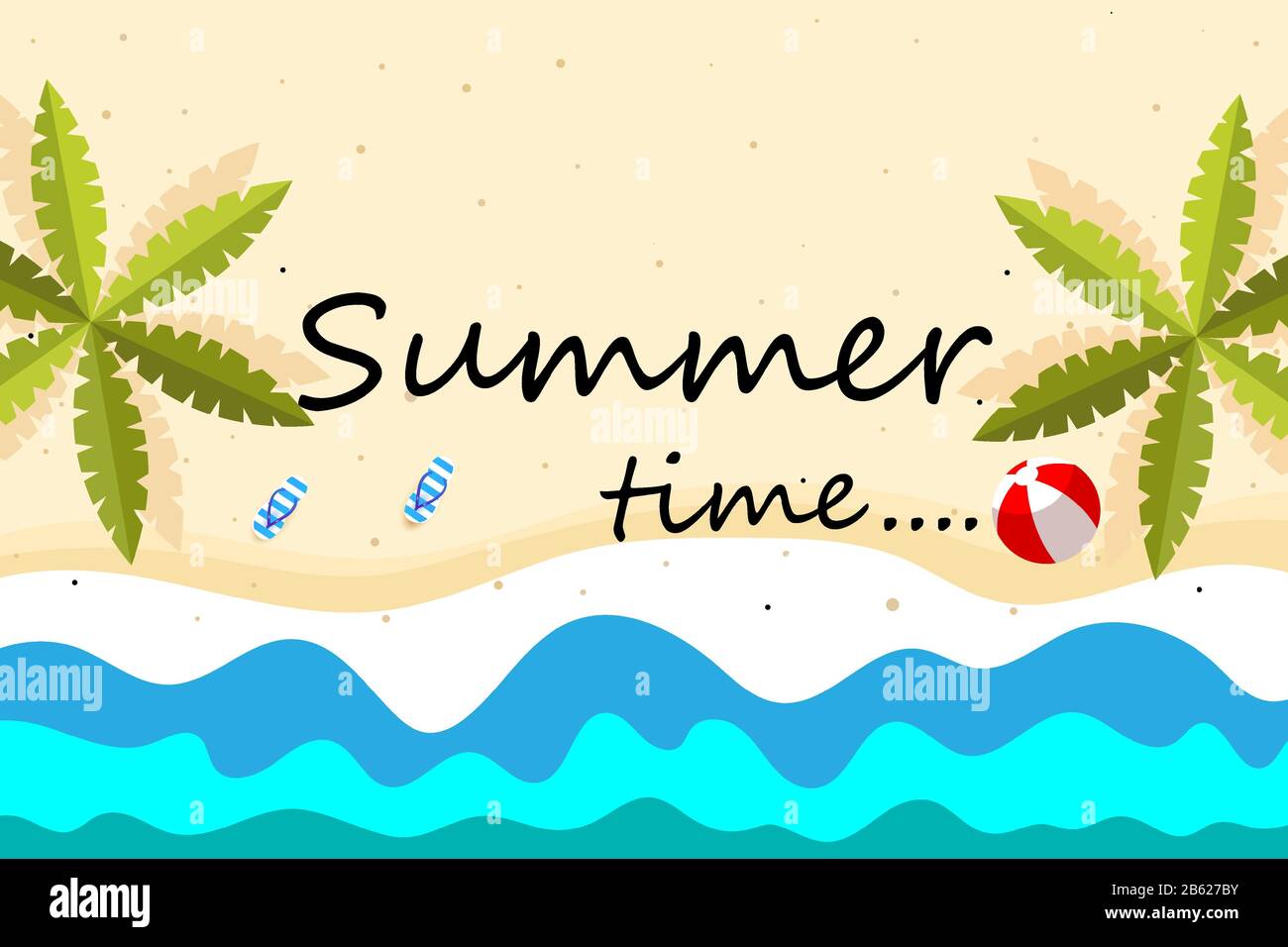 Concept des vacances d'été, contexte de l'heure d'été. Vue sur les feuilles de palmier, les tongs, le ballon de plage et le sable marin. Illustration de Vecteur