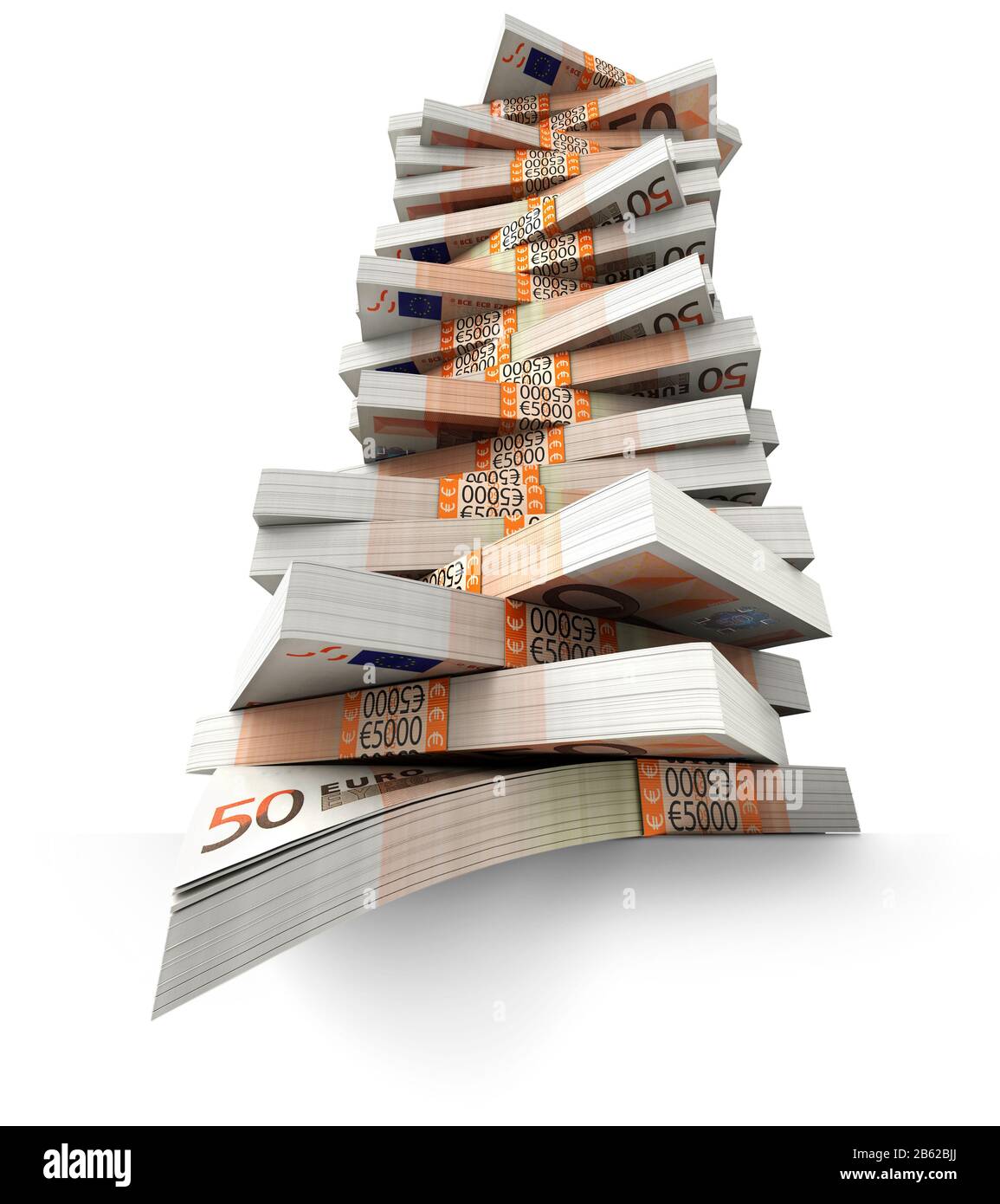 Pile de billets en euros. Richesse. Espèces. 50 billets en euros, fond blanc. Point de vue bas. Dette. Finances. Banque D'Images