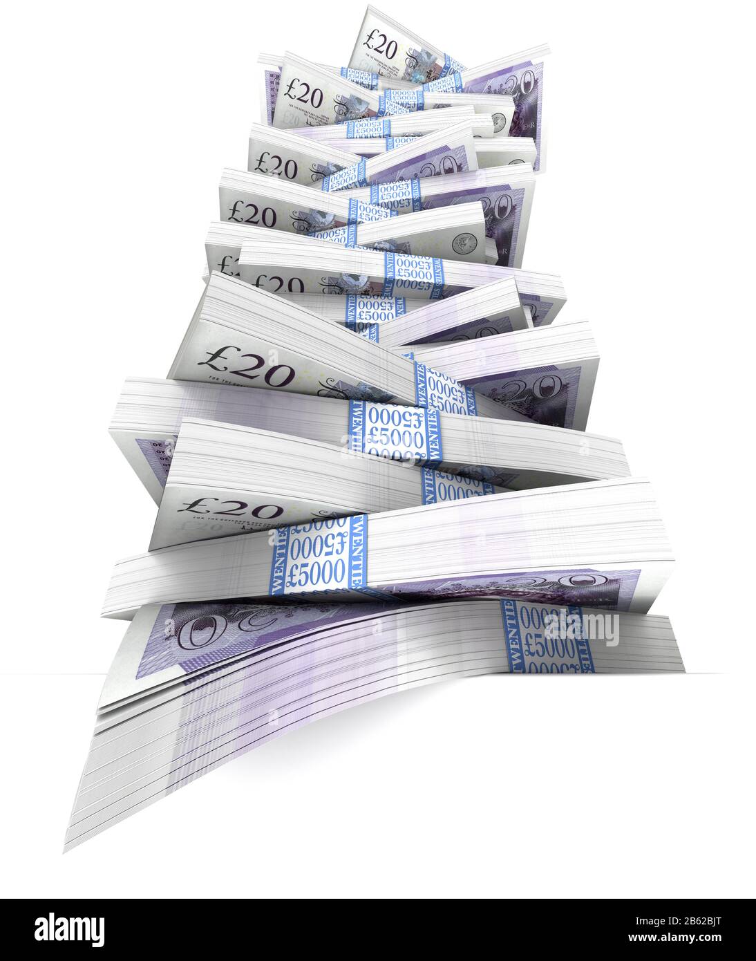 Livre note pile d'argent. Richesse. Espèces. 20 livres sterling de billets britanniques, fond blanc. Point de vue bas. Dette. Finances. Banque D'Images