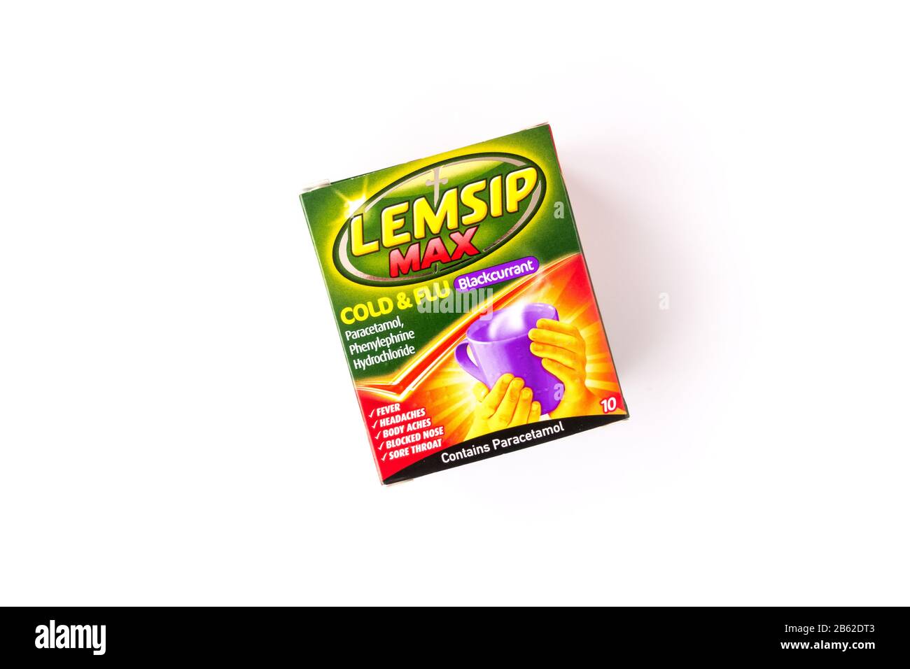 Boîte de Lemsip Max Blackcurrent saveur froid et traitement de la grippe Banque D'Images