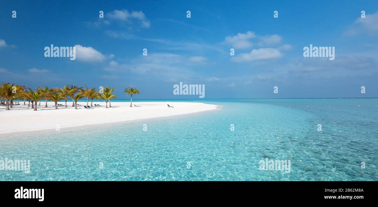 Plage idyllique sur les Maldives sur l'île de Meeru avec des palmiers, ciel nuageux et océan Indien. Banque D'Images