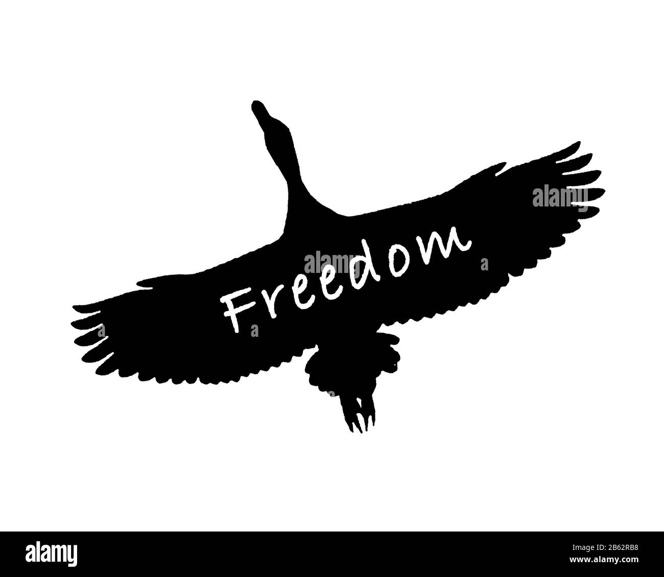 Silhouette graphique oiseau avec texte de liberté sur l'illustration conceptuelle corps en noir et blanc Banque D'Images