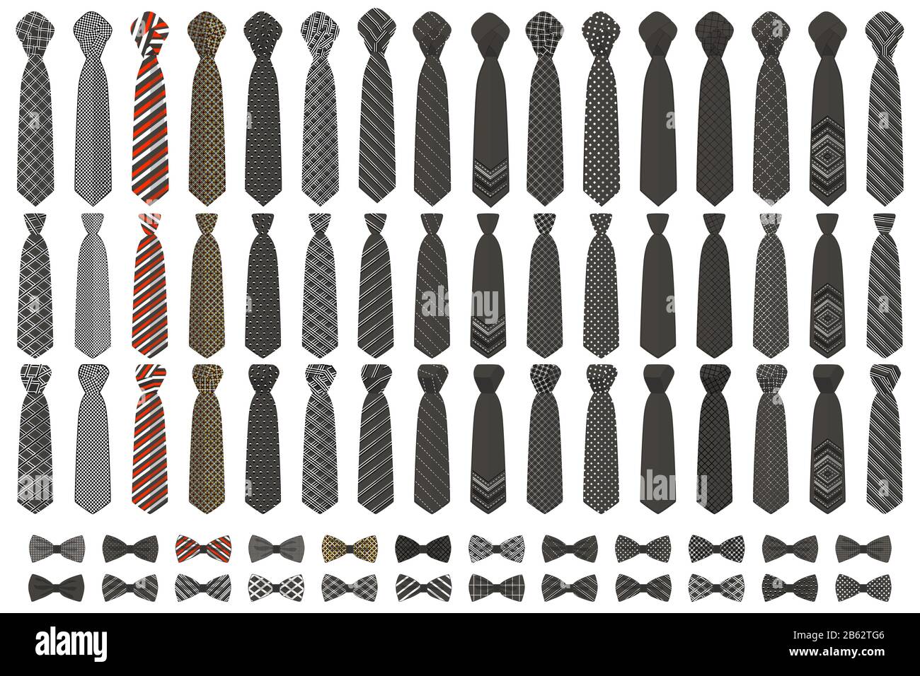 Illustration sur le thème grand ensemble de couleur différents types de  cravates, noeud papillon de plusieurs tailles. Cravate constituée de  vêtements en matières textiles collection noeud papillon pour être Image  Vectorielle Stock -