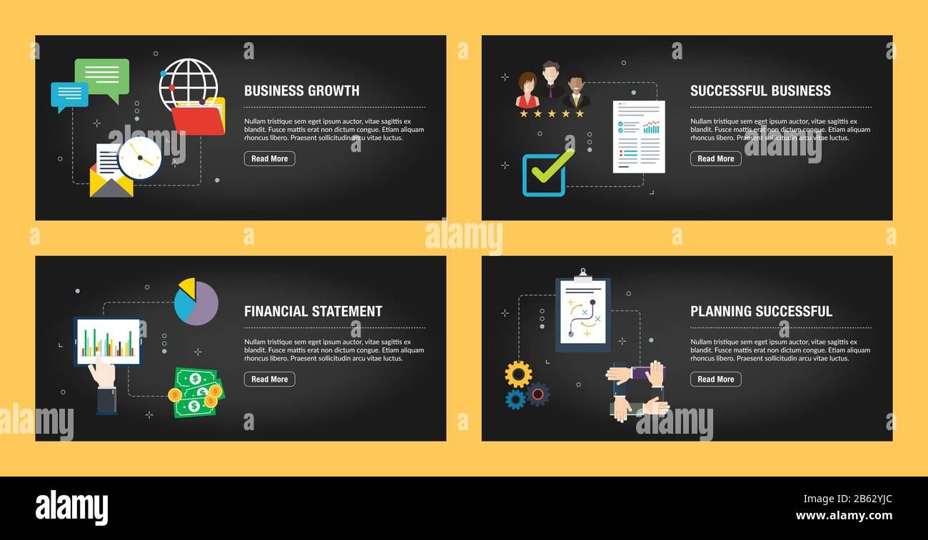 Ensemble de modèles de création de bannières Internet pour les sites Web, le marketing Internet et les affaires. Croissance des affaires, succès des affaires, états financiers et Illustration de Vecteur