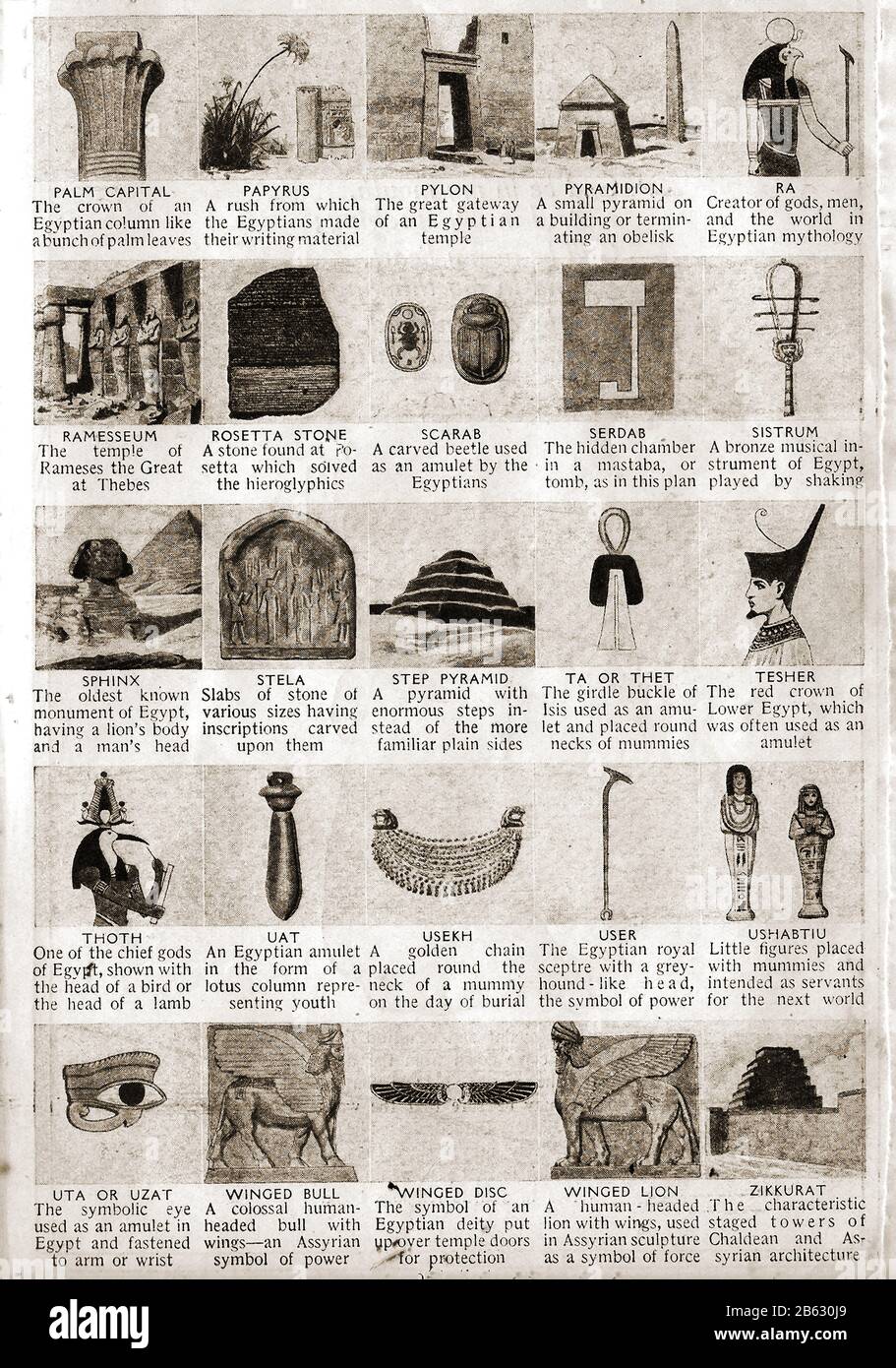 Page du magazine des années 1920 montrant des objets et des symboles relatifs à l'Égypte ancienne. Colonne de la capitale du palmier, papyrus, pylon, passerelle, temple, ra, temple, ramsès, thèbes, rosetta, pierre, scarab, amulet, ramesseum, serdab, chambre, tombeau, sistrum, musical, musique, sphinx, stela, STEP , pyramide,ta,thet tesher,couronne,thoth, uat,useyed, disque, wuzu,wuuuuuuuuuuuuuuuuuuuuuuuuuuuuuuuuuuuuuuuuuuuuuuuuu Banque D'Images