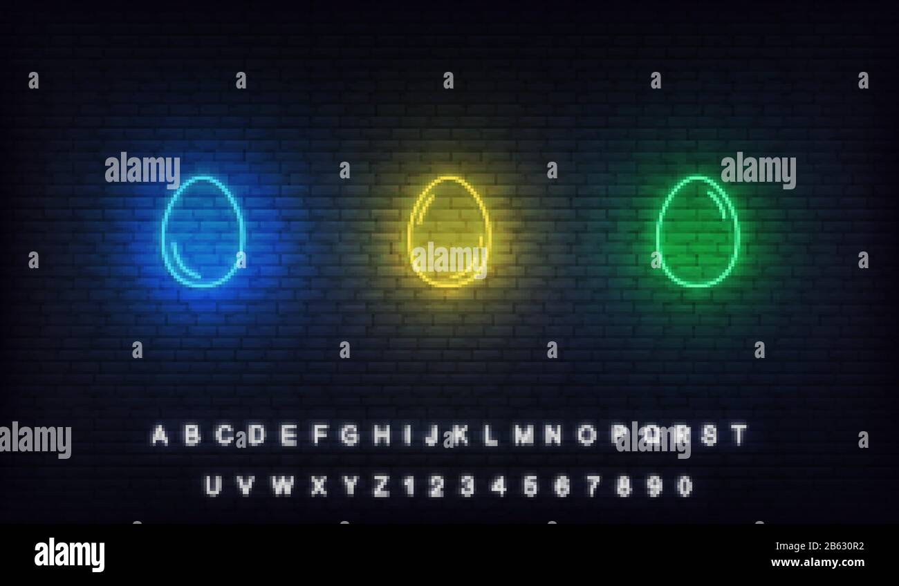 Jeu d'œufs au néon de Pâques. Icônes d'œufs bleu, jaune et vert brillant avec alphabet Illustration de Vecteur