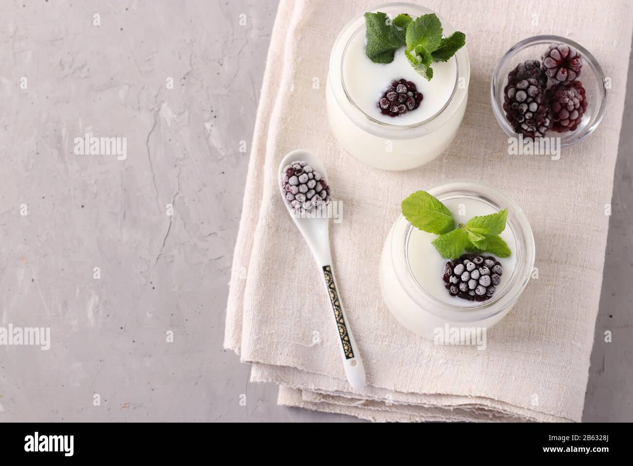 Deux portions de yaourt biologique naturel maison avec mûres et menthe dans des pots en verre sur fond gris, gros plan Banque D'Images