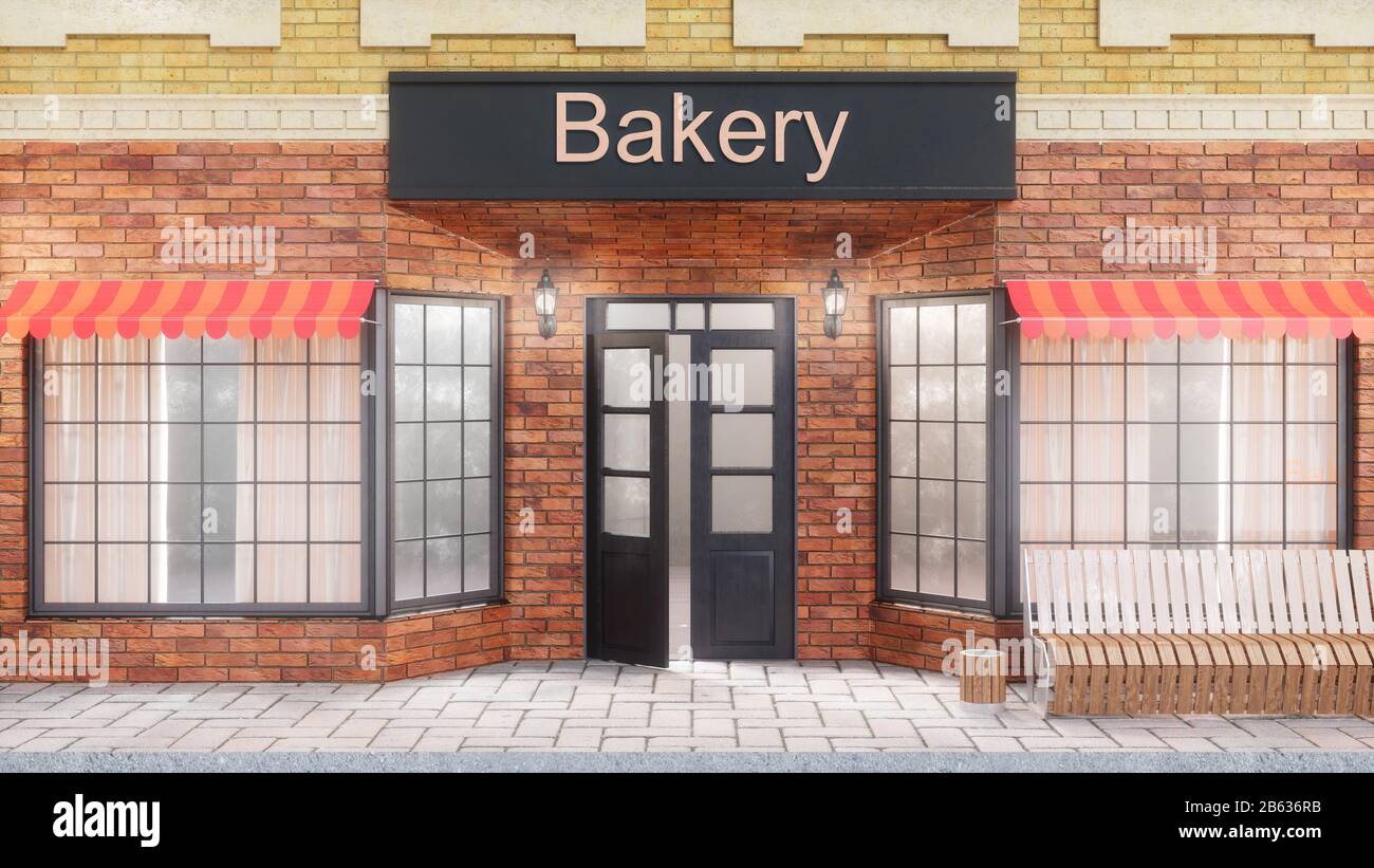Boulangerie ou boutique avec de délicieuses pâtisseries. Extérieur d'un bâtiment près de la route - vue avant. Vue de la rue est un banc avec une poubelle, rue Banque D'Images