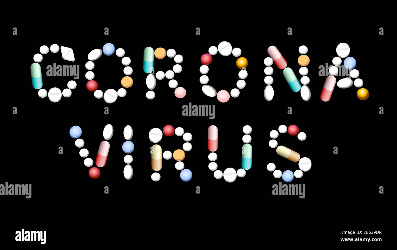 Le mot CORONAVIRUS composé de différentes pilules, comprimés, capsules - illustration sur fond noir. Banque D'Images
