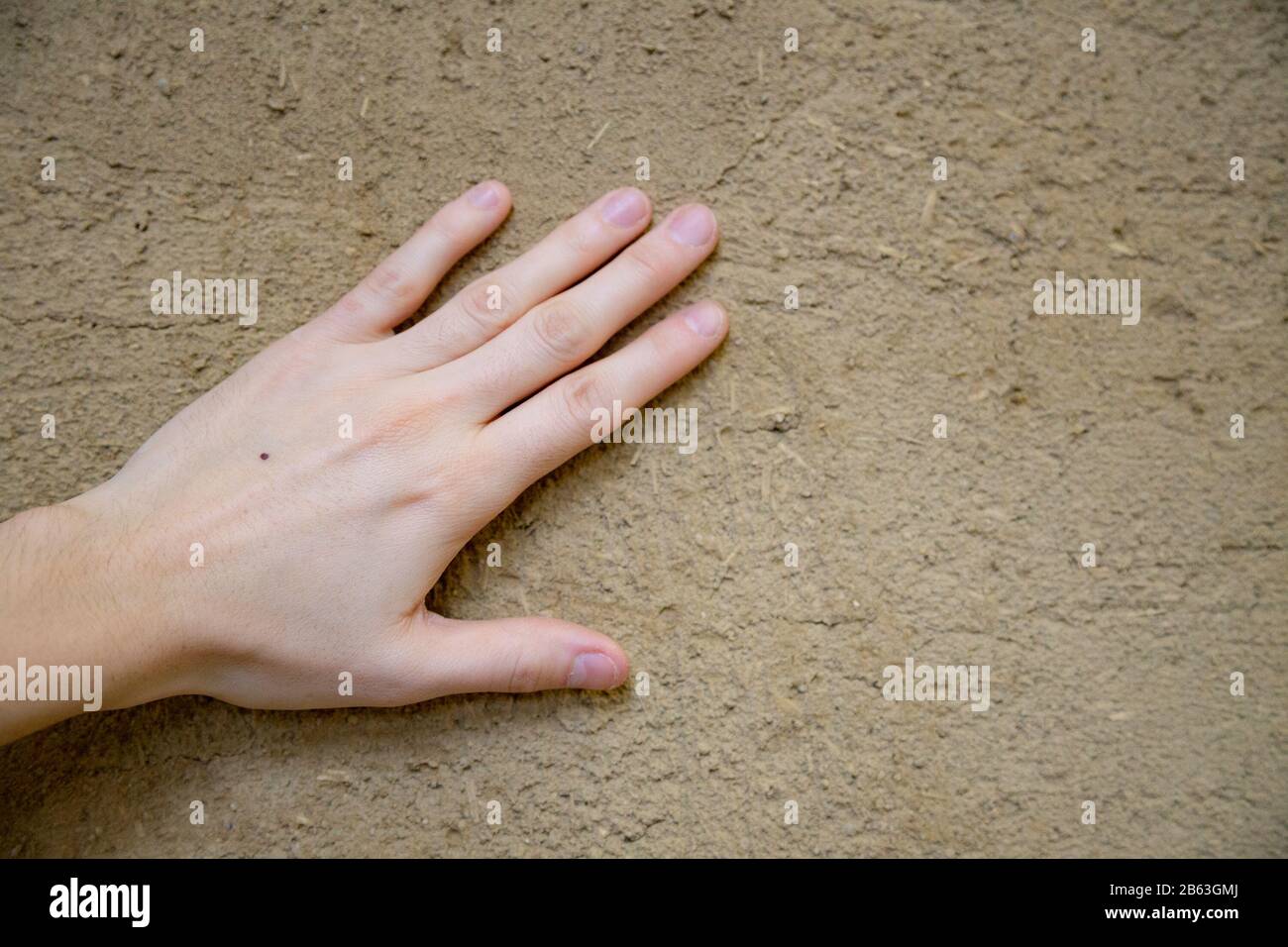 Main d'une jeune femme strobant un mur respectueux de l'environnement avec plâtre d'argile Banque D'Images Main d'une jeune femme strobant un mur respectueux de l'environnement avec plâtre d'argile Banque D'Images