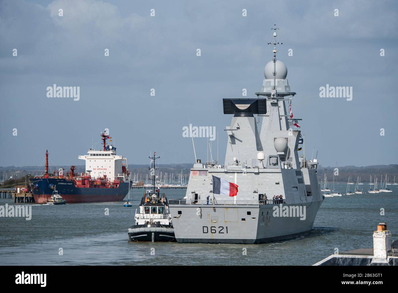 La Marine française (Marine nationale) Horizon Class warship FS Chevalier Paul (D621) arrivant à Portsmouth, Royaume-Uni, le 9 mars 2020. Banque D'Images