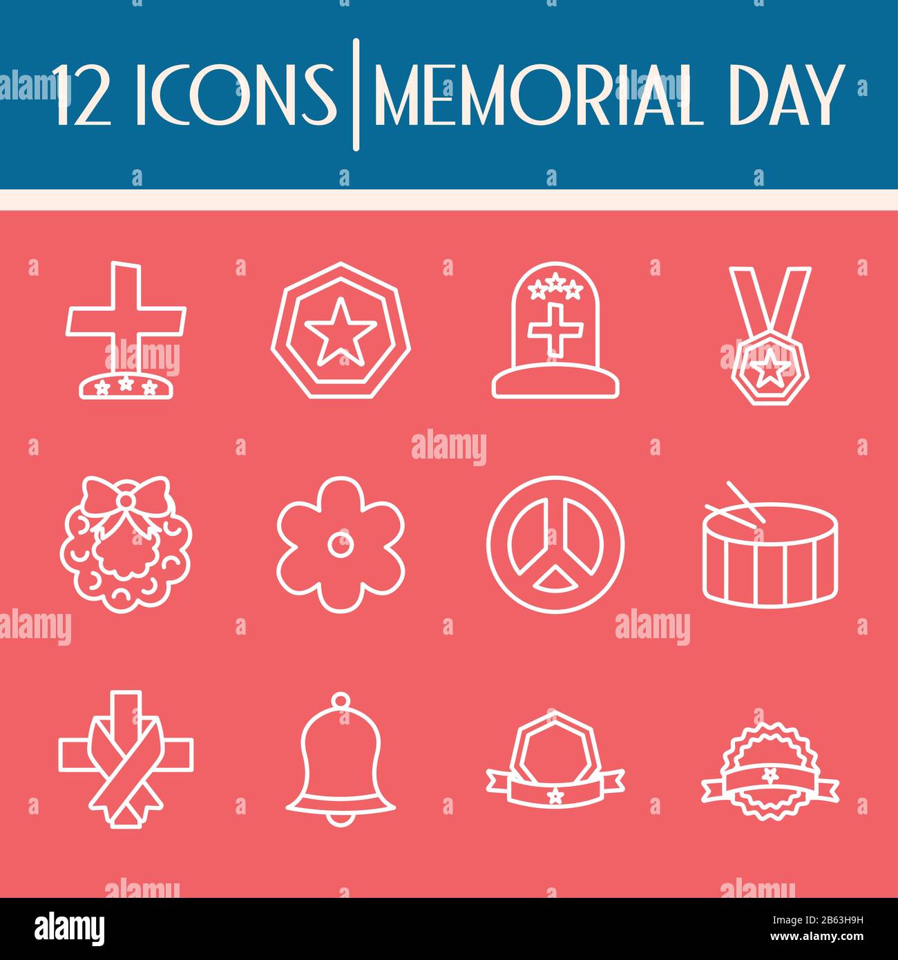12 lignes style Icon set design, Memorial Day fête patriotique liberté célébration indépendance vétéran et patriotisme thème illustration vectorielle Illustration de Vecteur