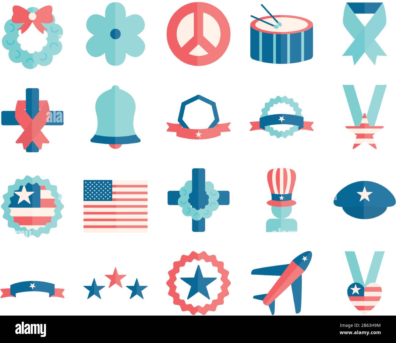 Style plat icône ensemble design, jour commémoratif fête patriotique liberté célébration indépendance vétéran et patriotisme thème illustration vectorielle Illustration de Vecteur