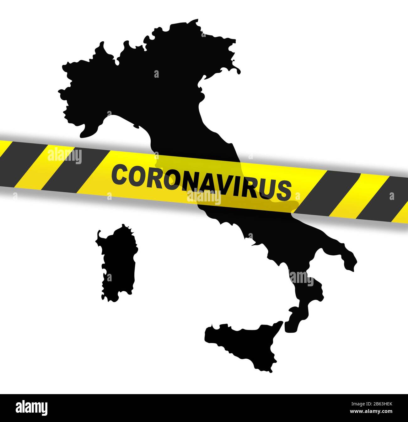 Carte italienne avec bande de verrouillage jaune en raison de la quarantaine de Coronavirus. Silhouette noire de la carte de l'Italie. Illustration raster. Banque D'Images
