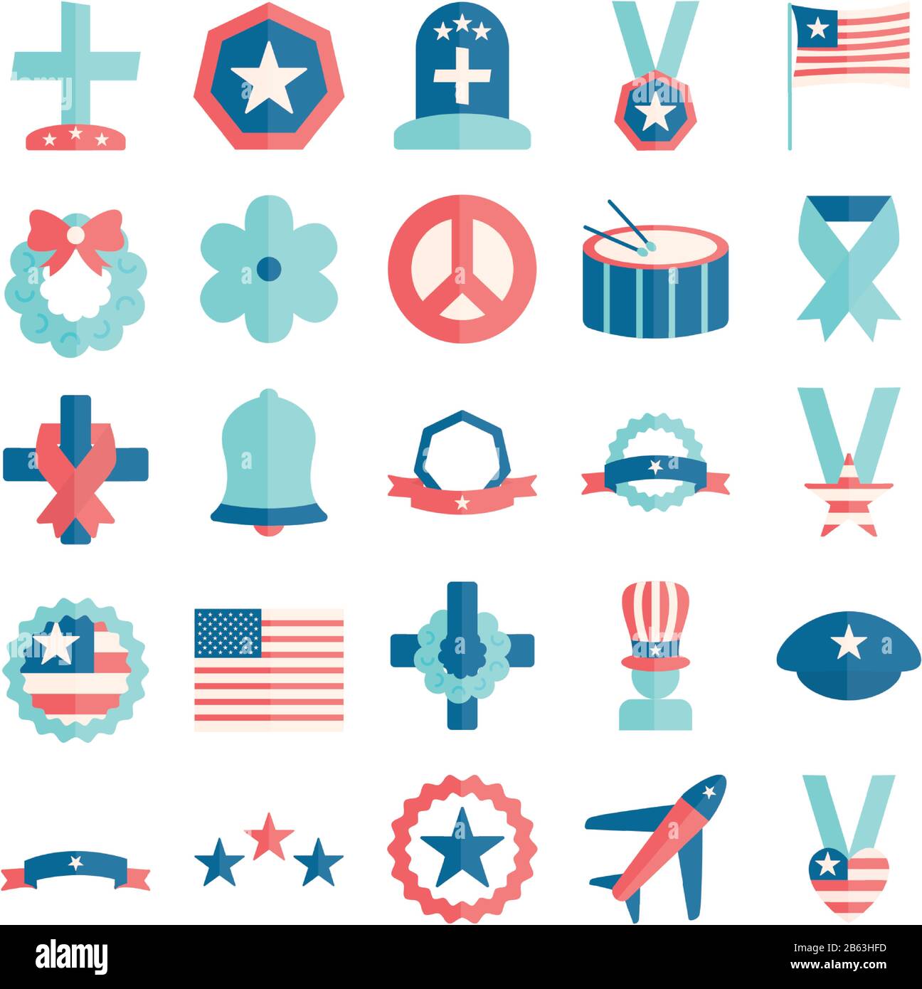 Style plat icône ensemble design, jour commémoratif fête patriotique liberté célébration indépendance vétéran et patriotisme thème illustration vectorielle Illustration de Vecteur
