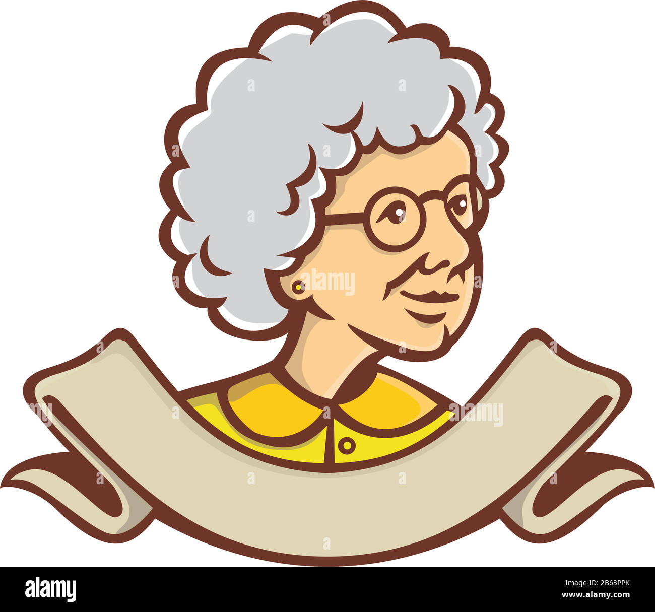 Style rétro illustration de buste d'une grand-mère, de la granny, de la nanny ou d'une femme adulte senior regardant à côté avec ruban au bas sur le dos isolé Illustration de Vecteur