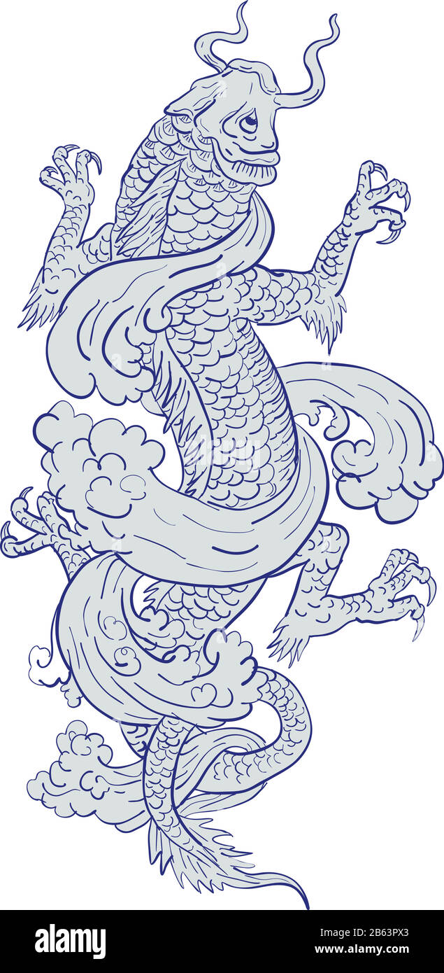 Tatouage dessin dessin dessin dessin dessin dessin illustration d'un carpe de koi poisson se transformant en un dragon mythique sur un fond blanc isolé. Illustration de Vecteur