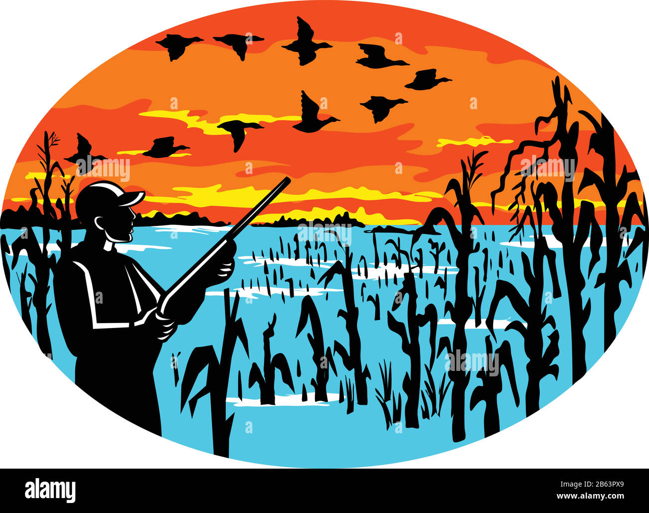 Icône mascotte illustration d'un chasseur de canard avec fusil dans le champ de maïs inondé tir à une formation d'oies vues du côté situé à l'intérieur de l'ovale sur isolat Illustration de Vecteur