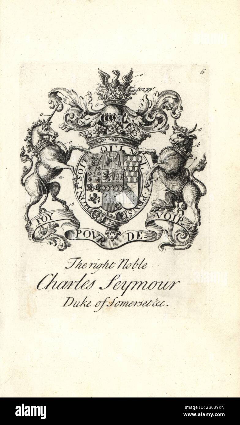 Armoiries et écusson du noble droit Charles Seymour, 6ème duc de Somerset, 1662-1748. Gravure de Copperplate par Andrew Johnston après C. Gardiner de Notitia Anglicana, Shwing the Réalisations of all the English Noblesse, Andrew Johnson, The Strand, Londres, 1724. Banque D'Images