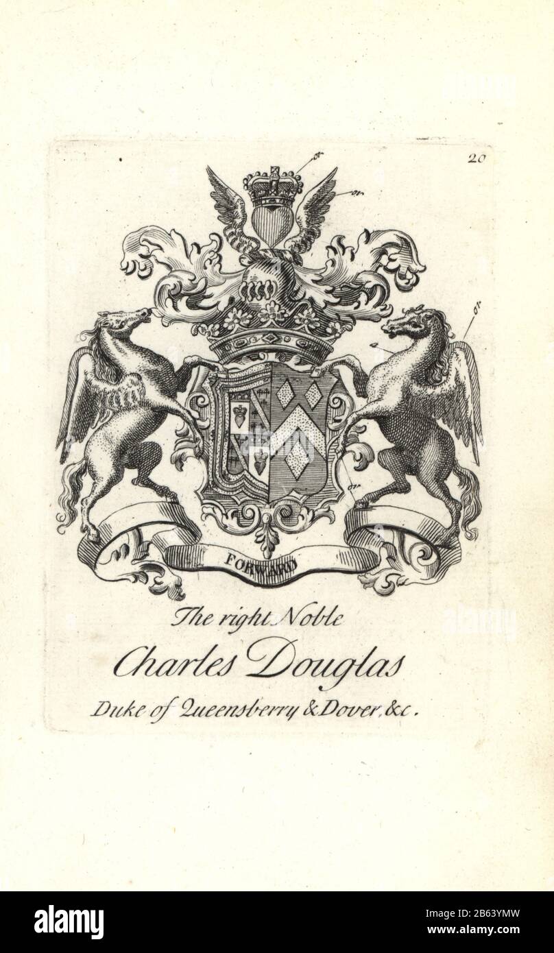 Armoiries et écusson du noble droit Charles Douglas, 3ème duc de Queensberry et Douvres, 1698-1778. Gravure de Copperplate par Andrew Johnston après C. Gardiner de Notitia Anglicana, Shwing the Réalisations of all the English Noblesse, Andrew Johnson, The Strand, Londres, 1724. Banque D'Images