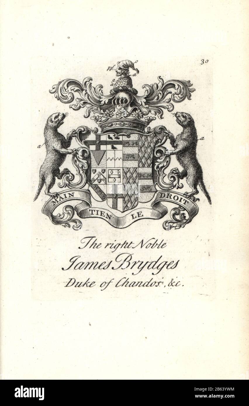 Armoiries et écusson du noble droit James Brydges, duc de Chandos, 1673-1744. Gravure de Copperplate par Andrew Johnston après C. Gardiner de Notitia Anglicana, Shwing the Réalisations of all the English Noblesse, Andrew Johnson, The Strand, Londres, 1724. Banque D'Images