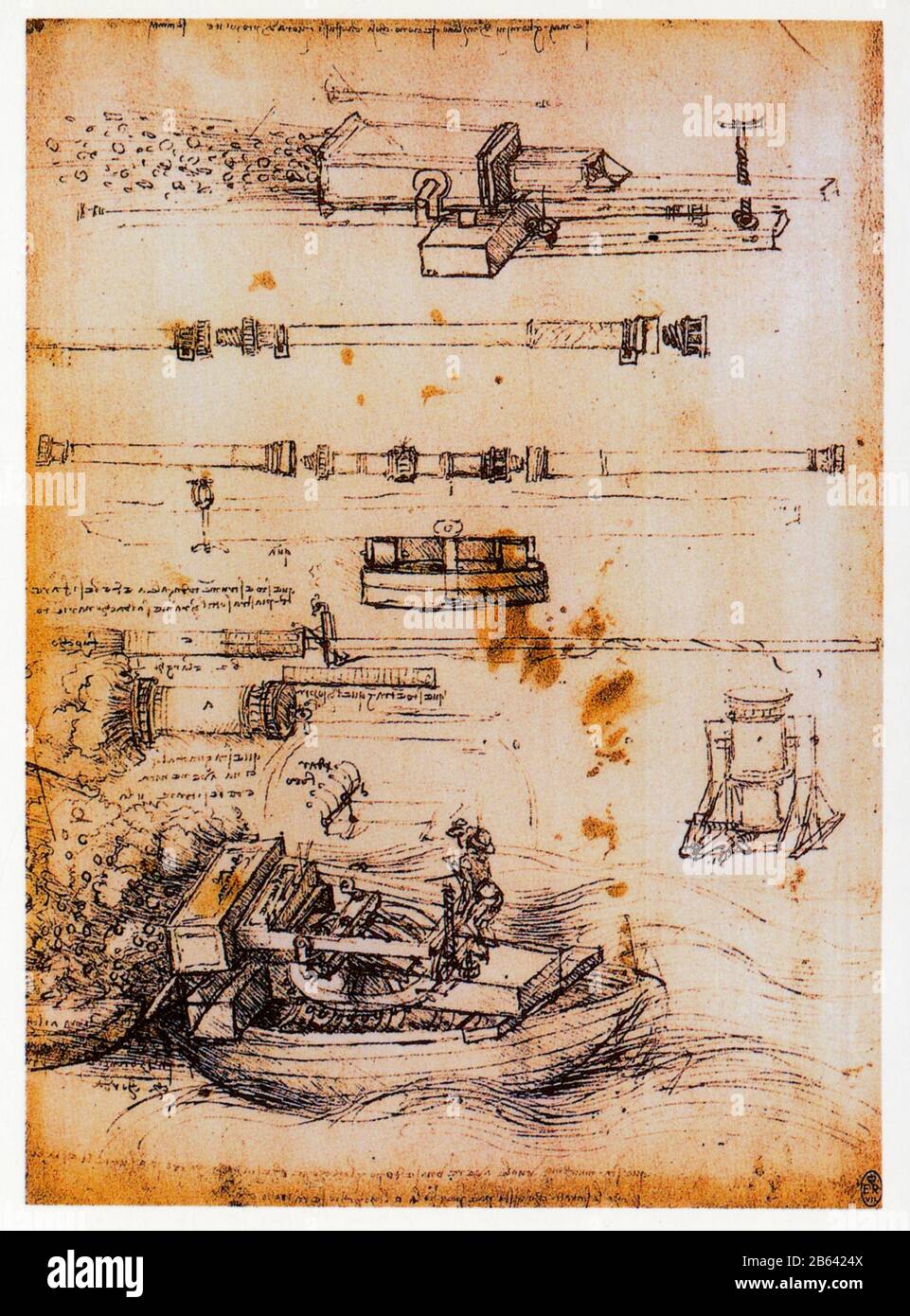 Léonard de Vinci. Études d'artillerie navale. 1487-1490 Banque D'Images