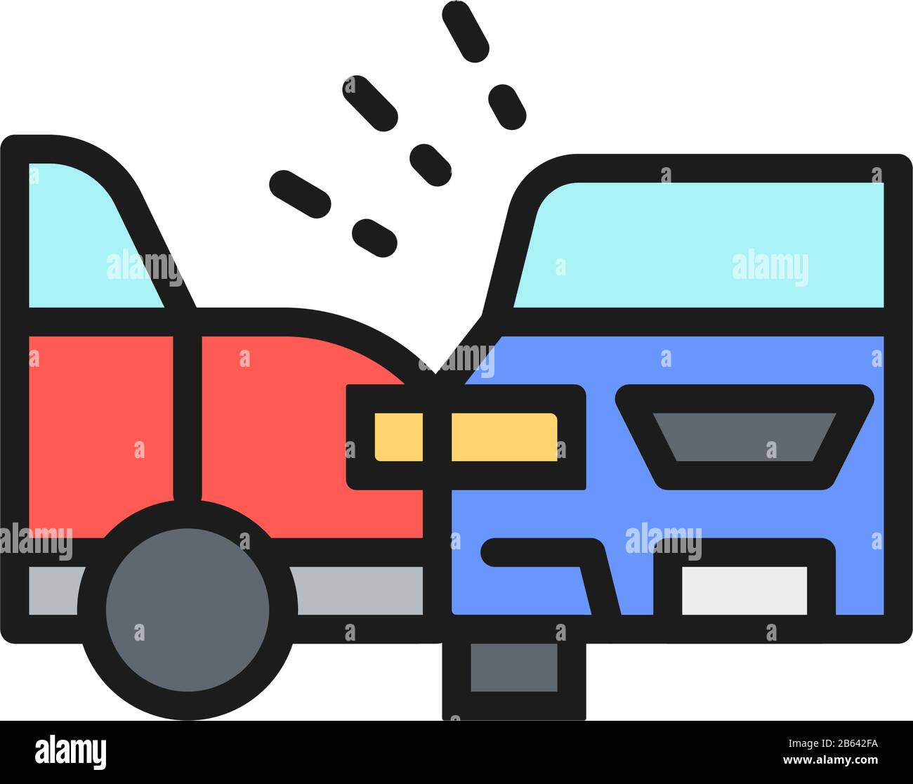 Accident, collision latérale avec deux automobiles, icône de ligne de couleur plate de collision de voiture. Illustration de Vecteur