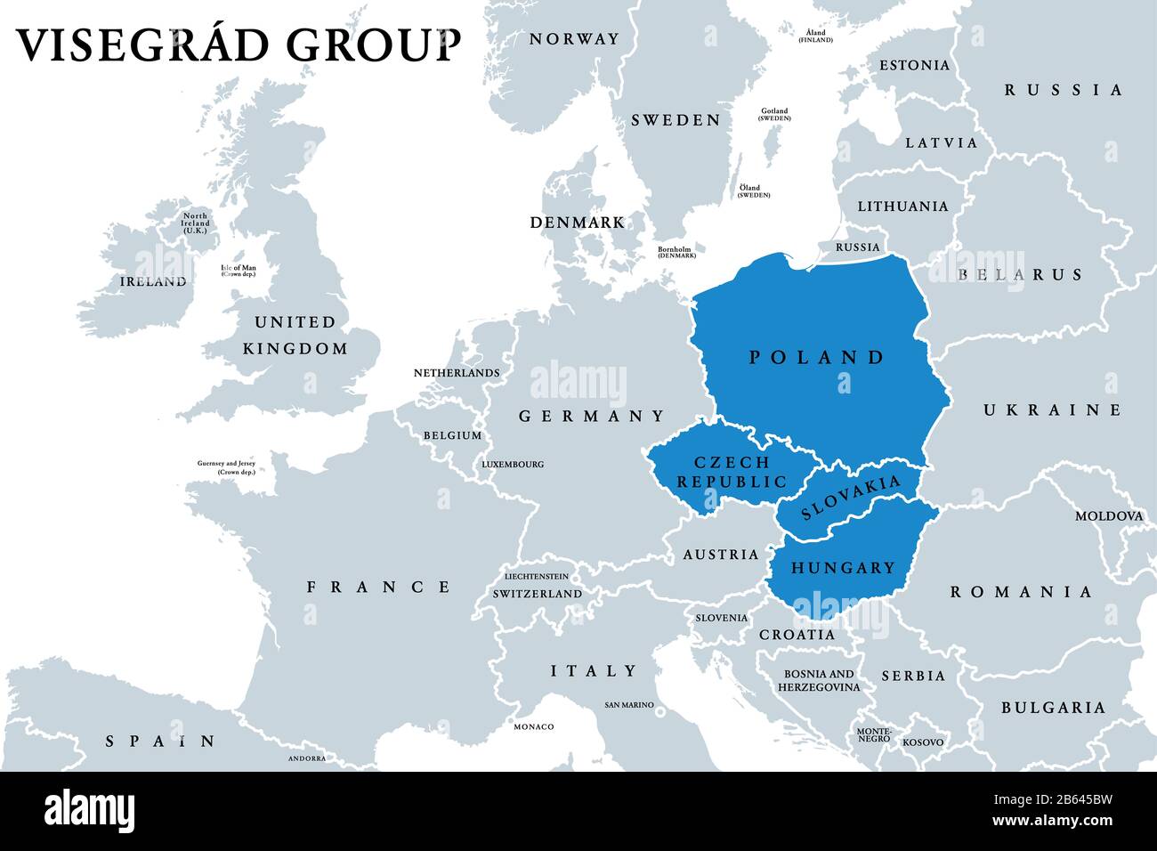 Carte politique des Etats membres du groupe Visegrád. 4, V4. Alliance des pays d'Europe centrale République tchèque, Hongrie, Pologne et Slovaquie. Banque D'Images