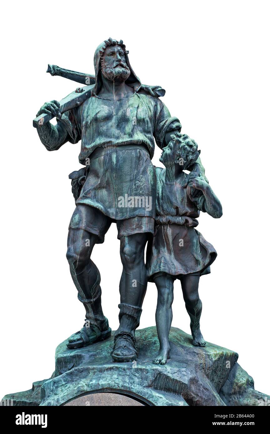 Statue de William Tell et de son fils, héros folklorique médiéval de Suisse sur fond blanc Banque D'Images