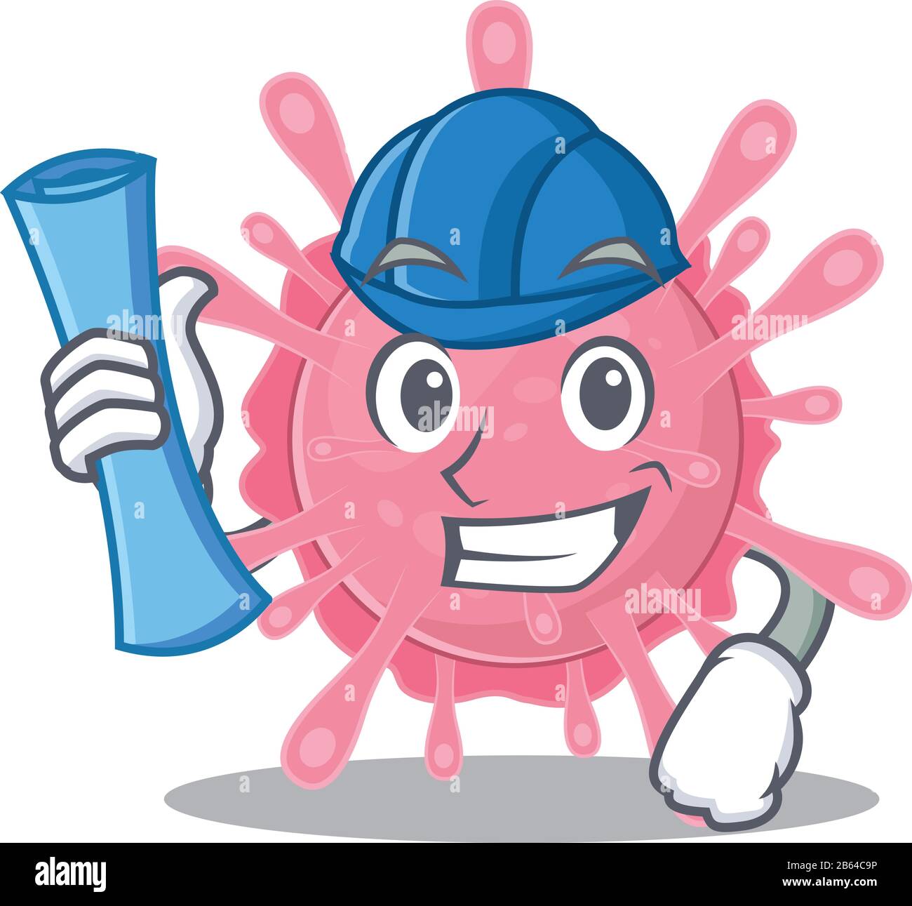 Architecte souriant de germe de virus corona avec des empreintes bleues et un casque bleu Illustration de Vecteur