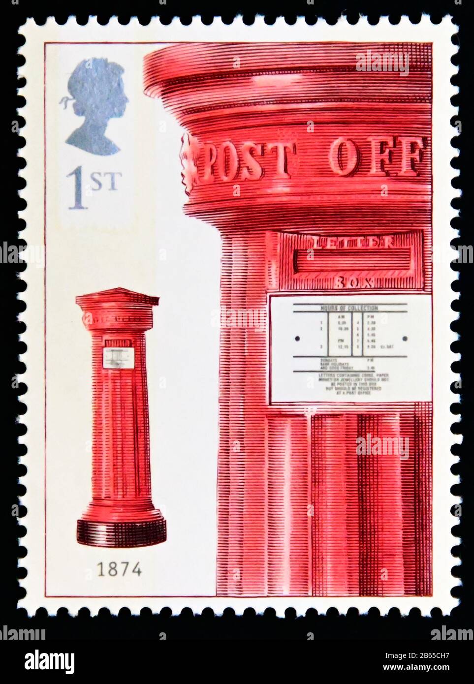 Timbre-poste. Grande-Bretagne. La reine Elizabeth II 150ème anniversaire de la boîte du premier pilier. Boîte À Ouverture Horizontale 1874. 1ère. 2002. Banque D'Images