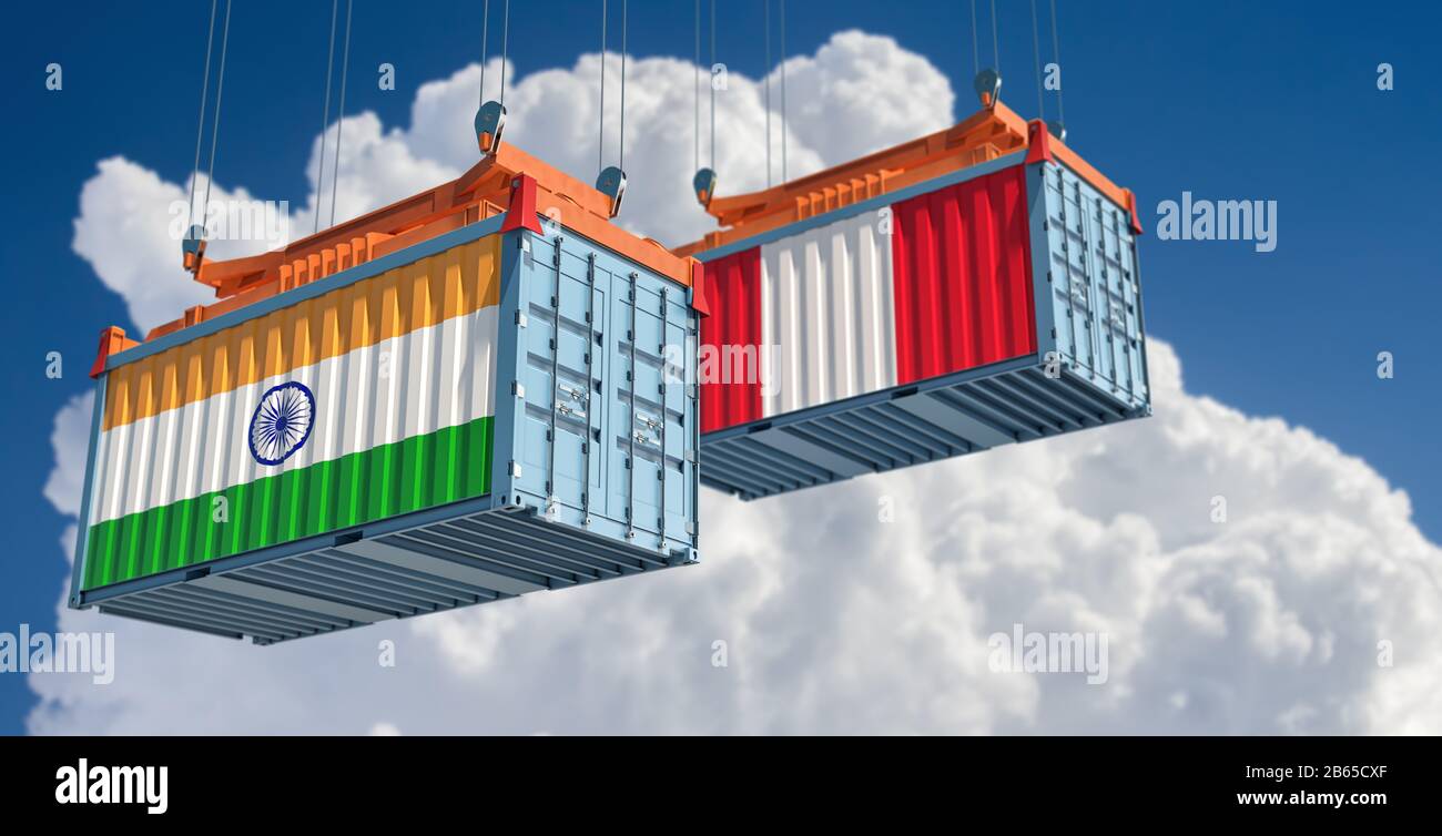 Conteneurs d'expédition avec drapeau de l'Inde et du Pérou. Rendu 3D Banque D'Images